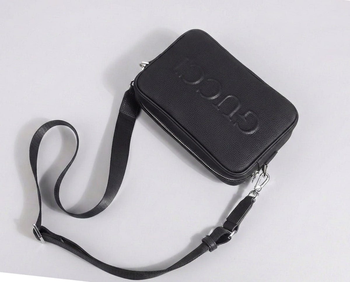 Embossed Logo Leather Crossbody Bag (Black)