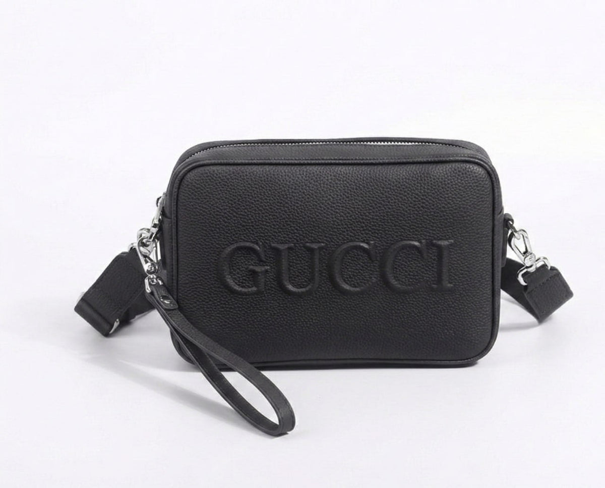 Embossed Logo Leather Crossbody Bag (Black)
