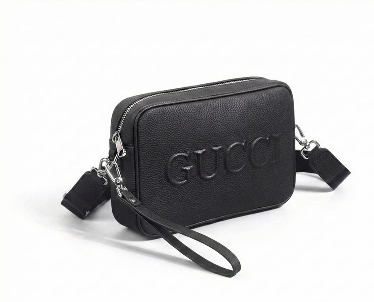 Embossed Logo Leather Crossbody Bag (Black)
