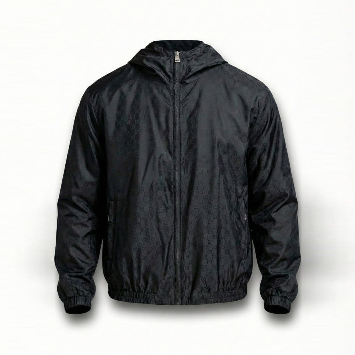GG Jacquard Hooded Windbreaker Jacket – Black