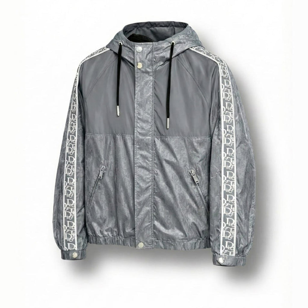 Oblique Grey Hooded Windbreaker with Signature Tape