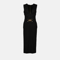 Belted V-Neck Midi Dress with Medallion Detail