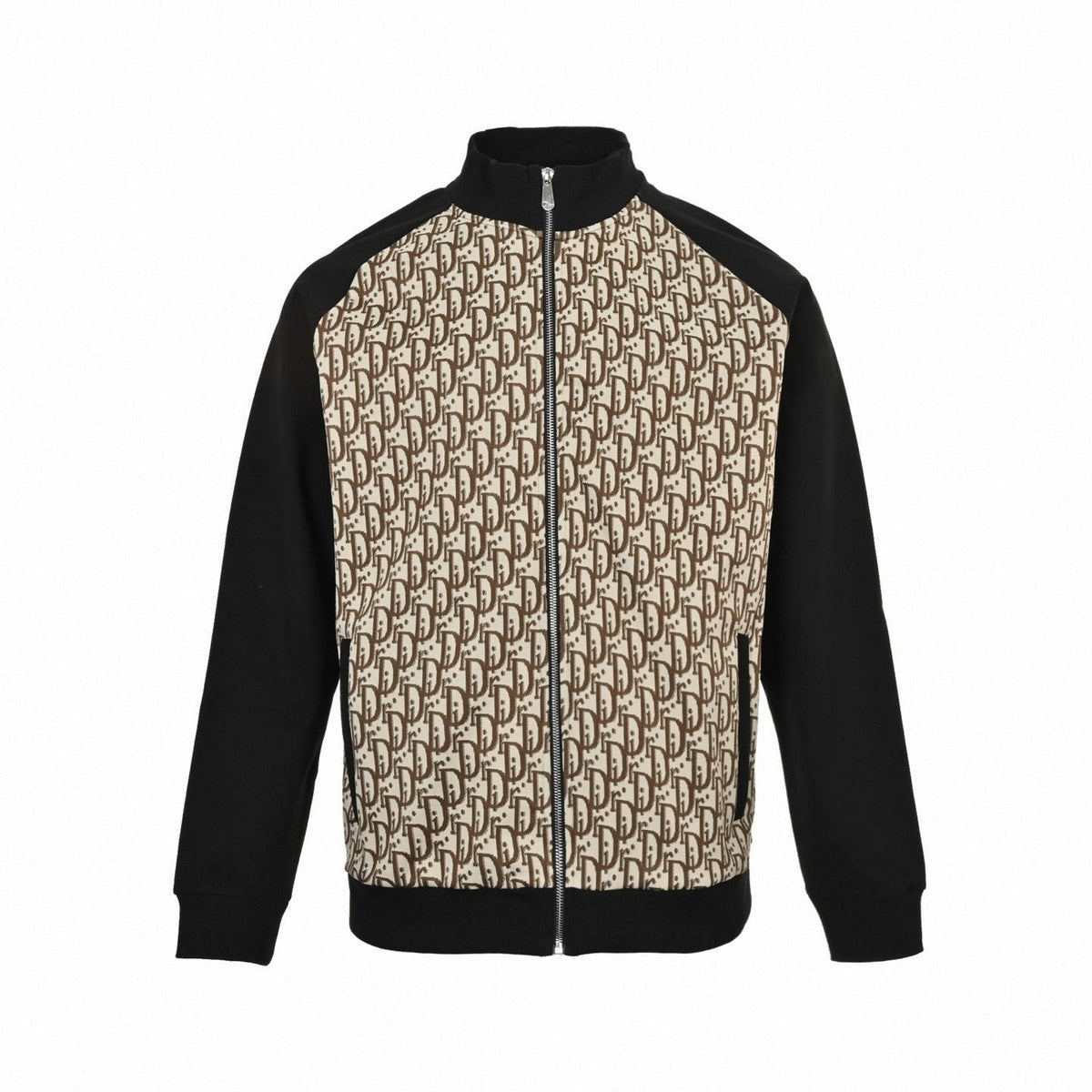 Oblique Zip-Up Tracksuit Set in Black & Beige